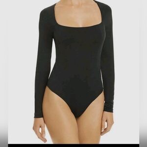 Jonathan Simkhai Black Square Neckline Super Soft Long Sleeve Thong Bodysuit